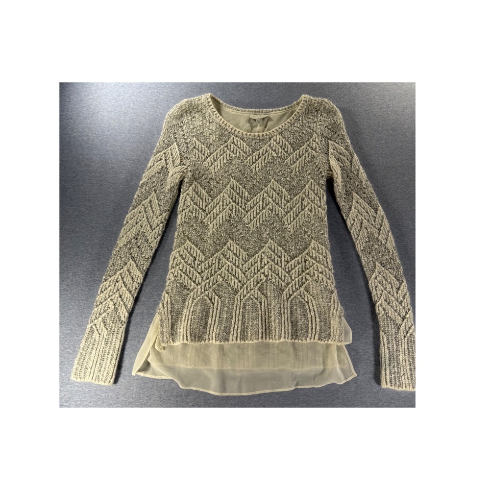 Lucky Brand Women Gray Chevron Knit Mixed Media Layered Hem Sweater XS RN80318